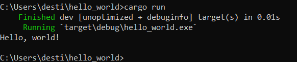 Hello World run from Rust on a Windows command line