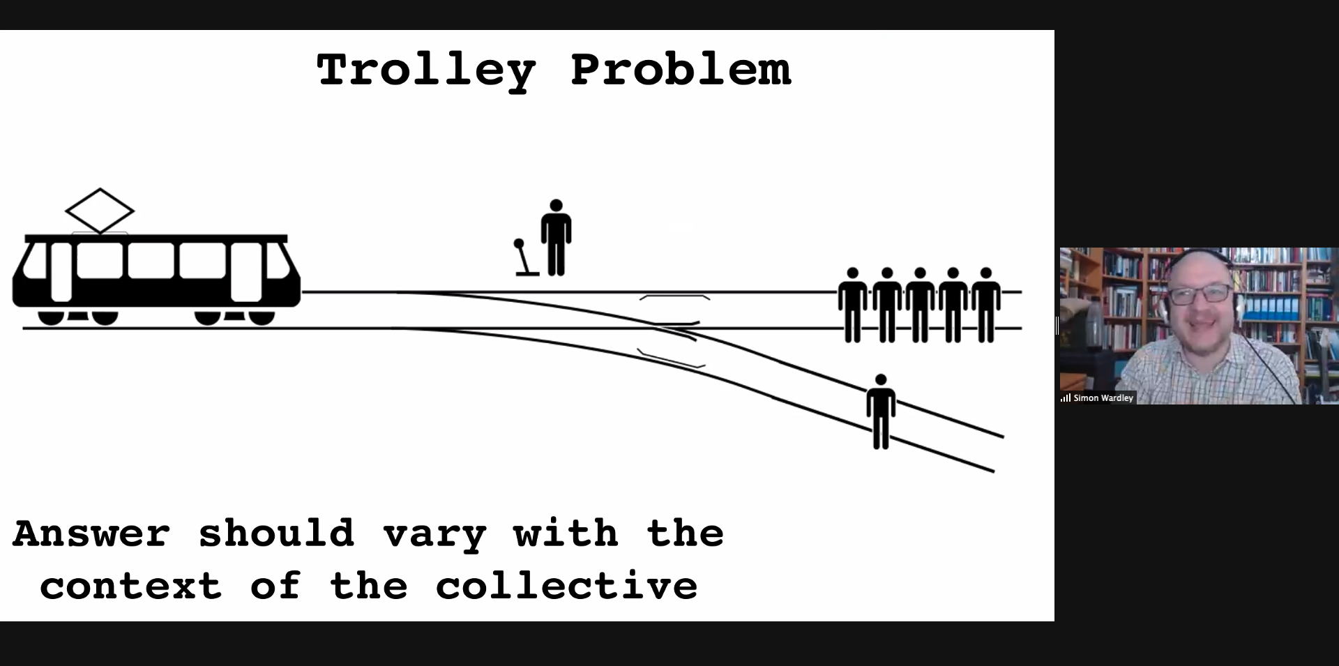 Simon Wardley smiling net to an illustration of the Trolley Problem -- hit one or five people? -- with the text "Answer should vary with the context of the collective."