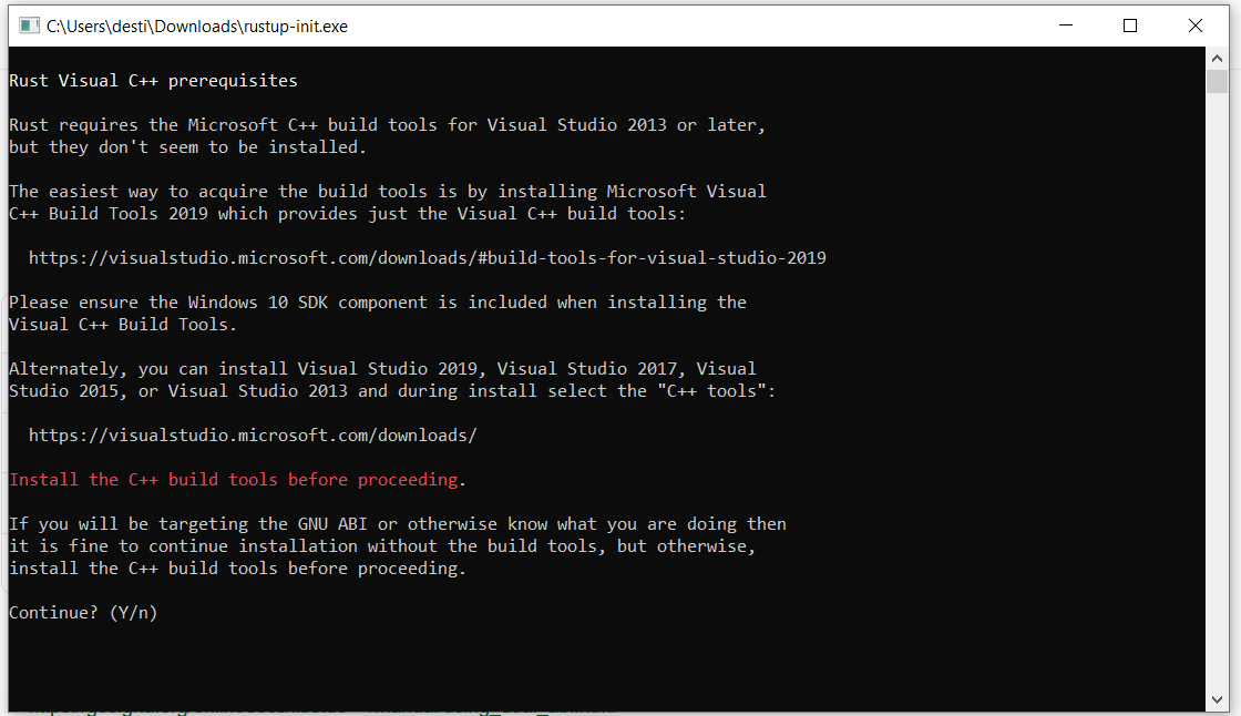 Rust install wants Microsoft C plus plus build tools