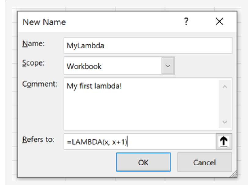 Creating a named LAMBDA function in Excel (screenshot from Excel blog)