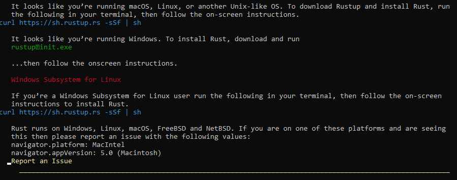 Rust install instructions via Lynx